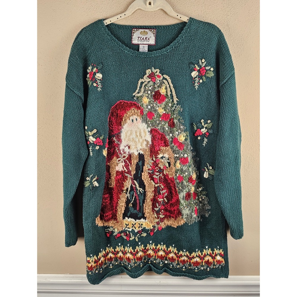 Vintage Tiara International Green Embroidered Christmas Santa Sweater Small